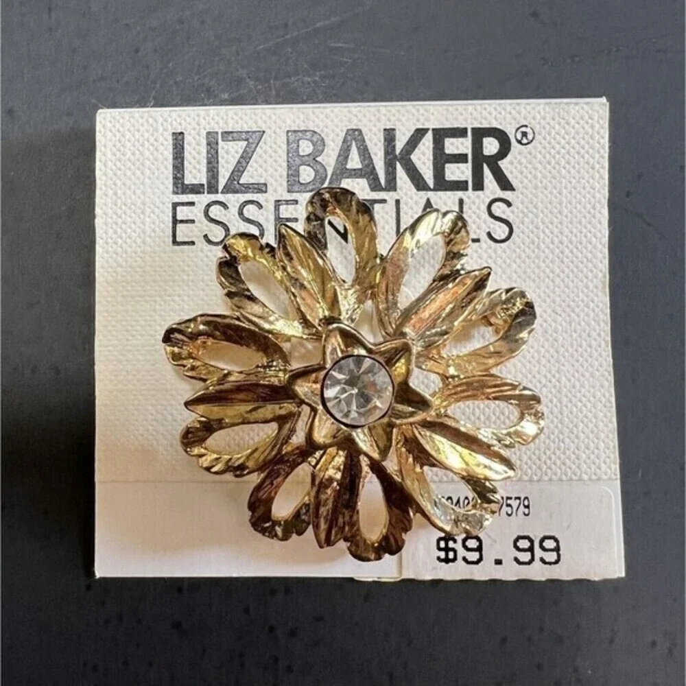 Golden Liz Baker Essentials Flower Brooch w/ Rhinestone Elegant Vintage Jewelry‎